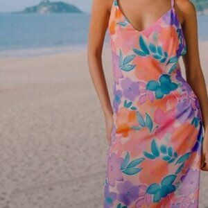 Cupshe Sakura Cream Pink Orange Multicolor Floral Midi Slip Dress Crossback M